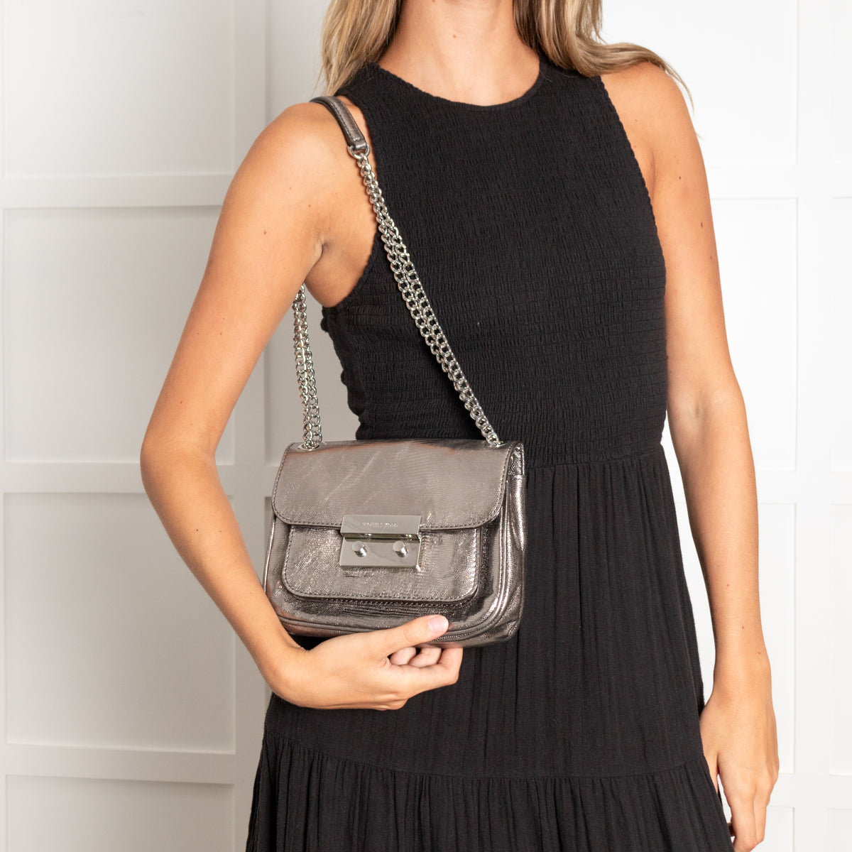 Michael Kors Silver Sloan Metallic Leather Chain Small Crossbody