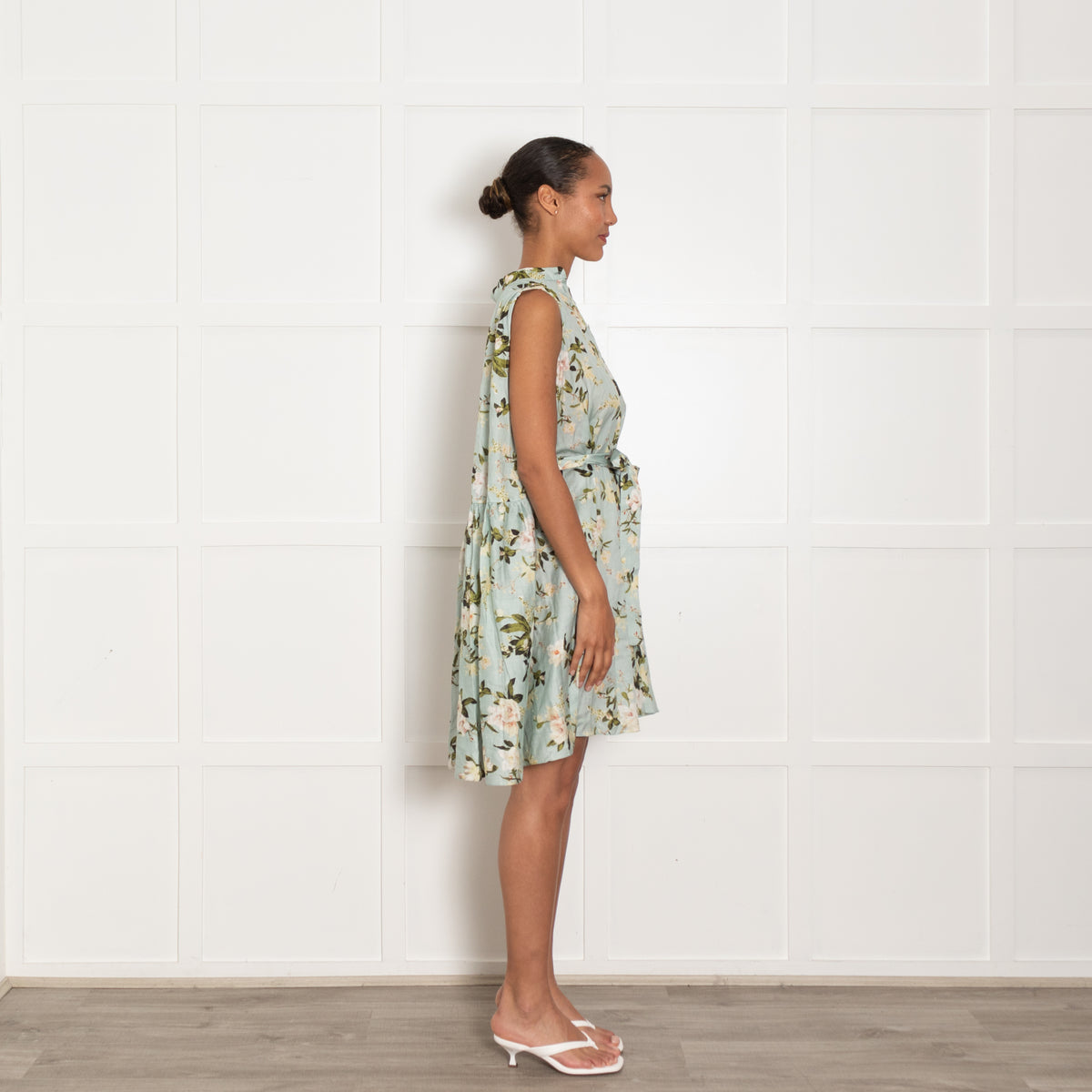 Erdem Aqua Green White Floral Sleeveless Belted Cotton Dress