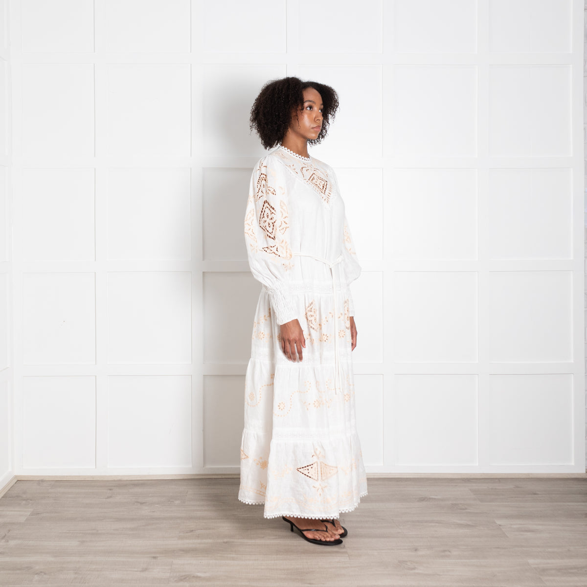 Alemais Cream Linen Peach Embroidered Cutwork Detail Sleeved Maxi Dress