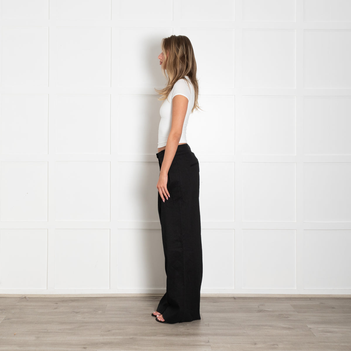 Rohe Black Linen Blend Pleated Front Wide Leg Trousers