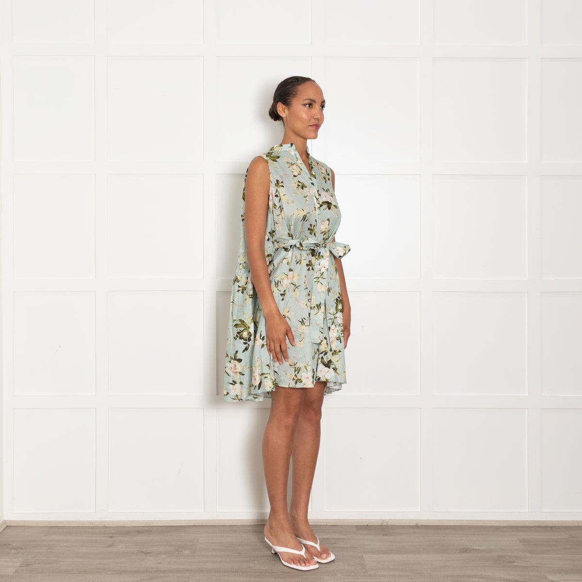 Erdem Aqua Green White Floral Sleeveless Belted Cotton Dress