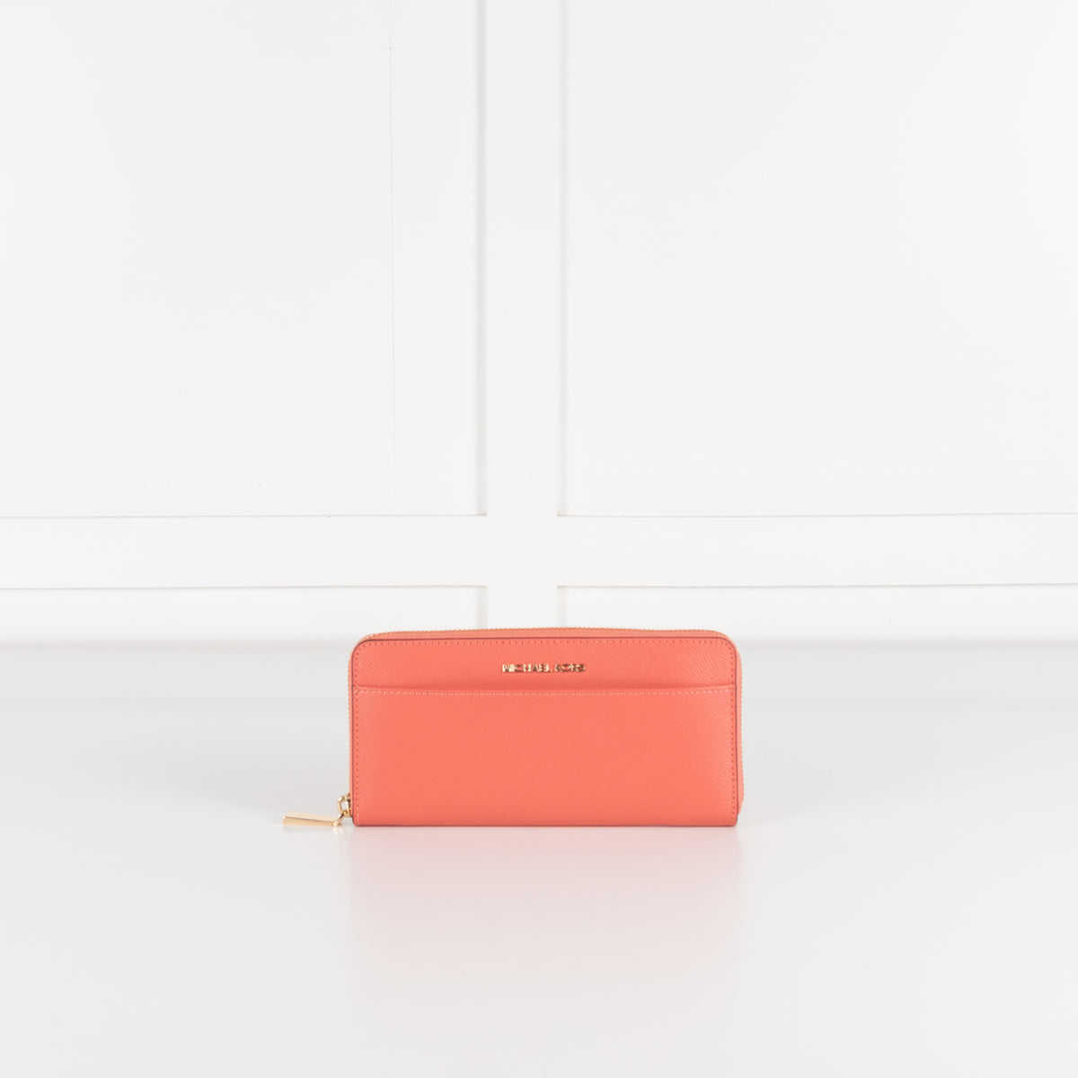 Michael Kors Coral Pebbled Leather Gold Zip Wallet With Front Pocket