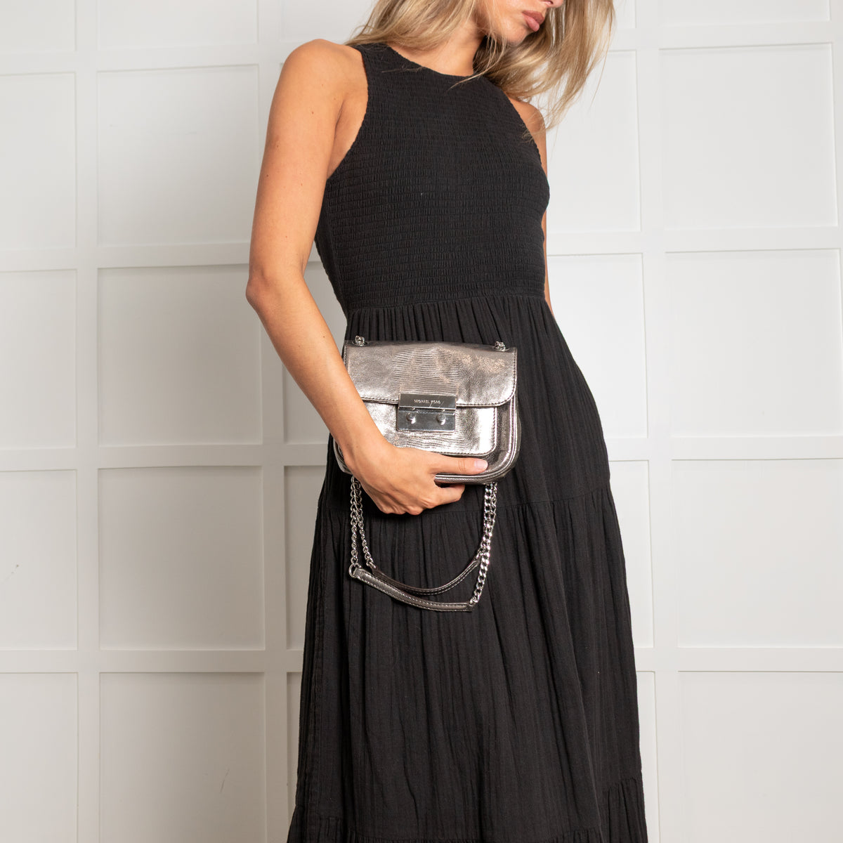 Michael Kors Silver Sloan Metallic Leather Chain Small Crossbody