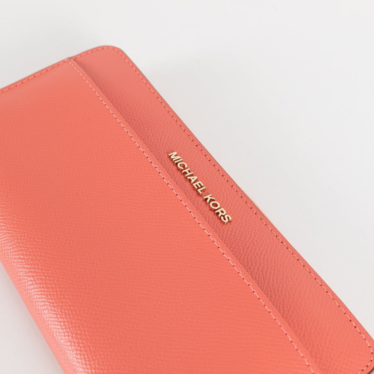 Michael Kors Coral Pebbled Leather Gold Zip Wallet With Front Pocket