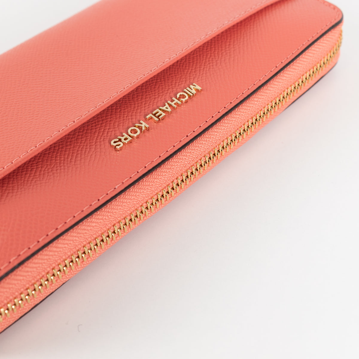 Michael Kors Coral Pebbled Leather Gold Zip Wallet With Front Pocket