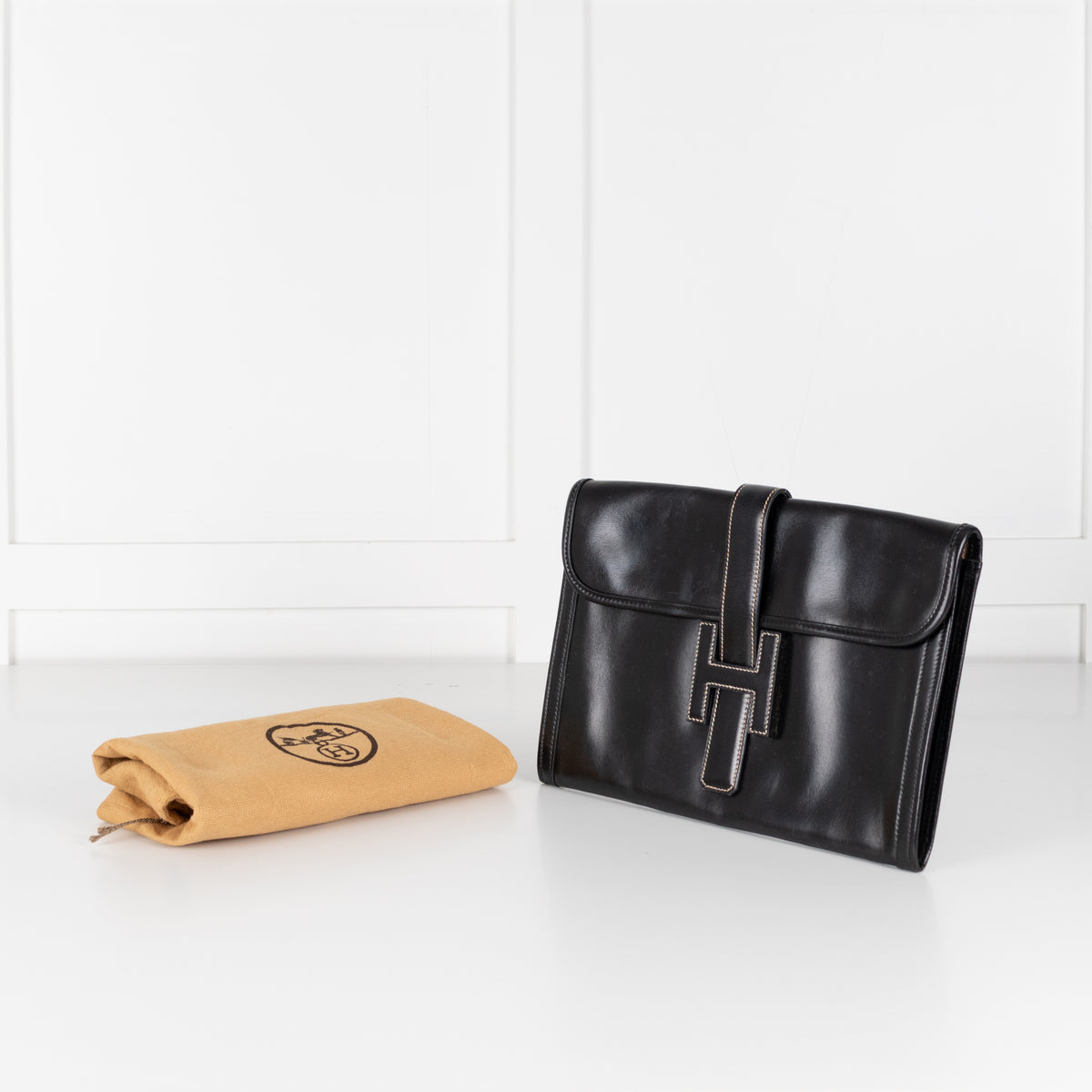 Hermes Black Swift Leather Vintage Jige Elan Clutch Bag