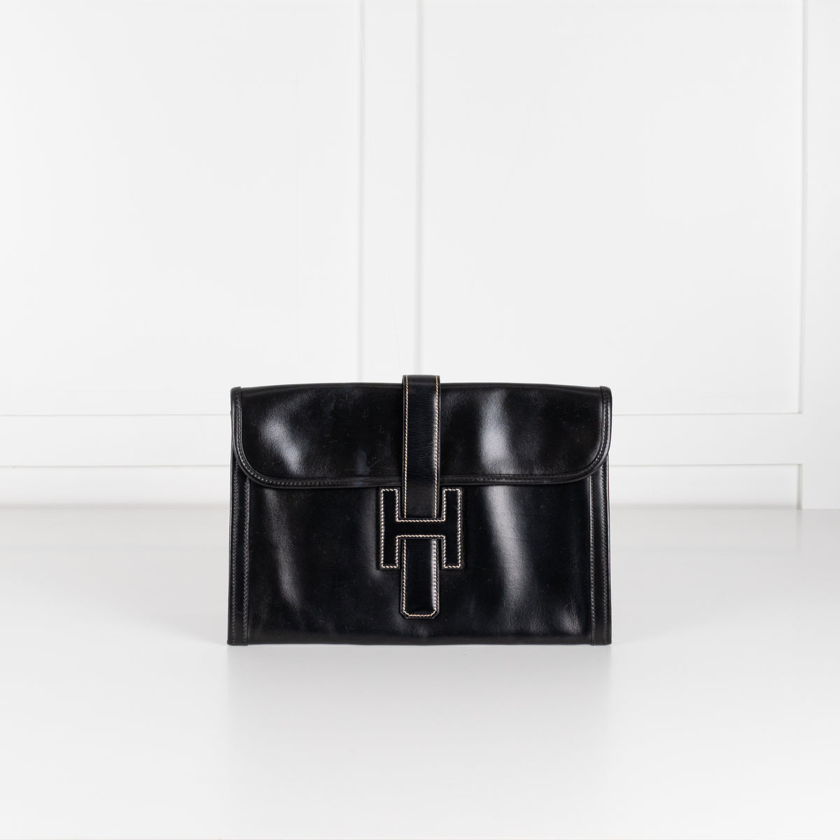 Hermes Black Swift Leather Vintage Jige Elan Clutch Bag