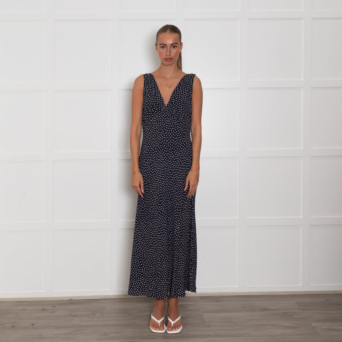 Rixo Navy White Polka Dot Sleeveless Maxi Dress