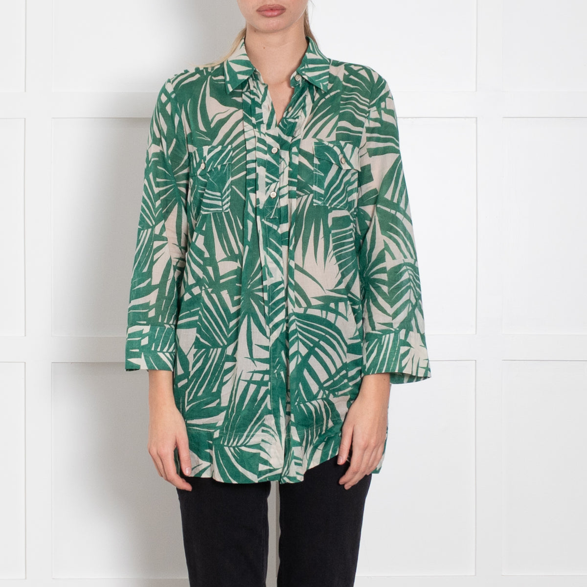 Weekend Max Mara Beige Green Palm Leaf Print Blouse