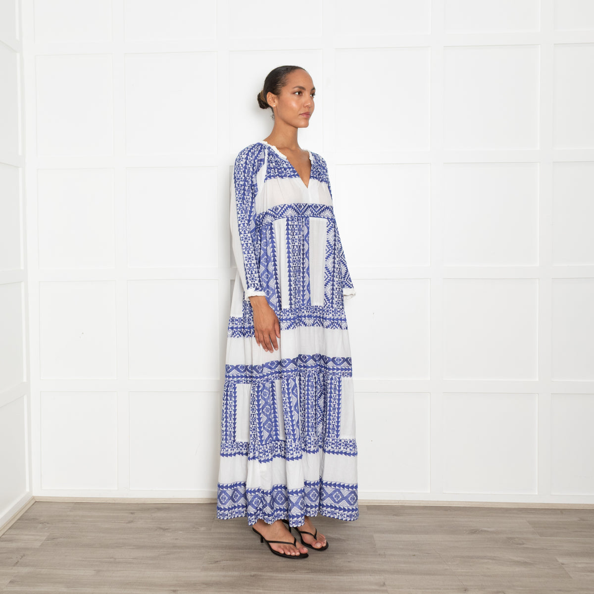 Greek Archaic Kori Blue And White Maxi Dress