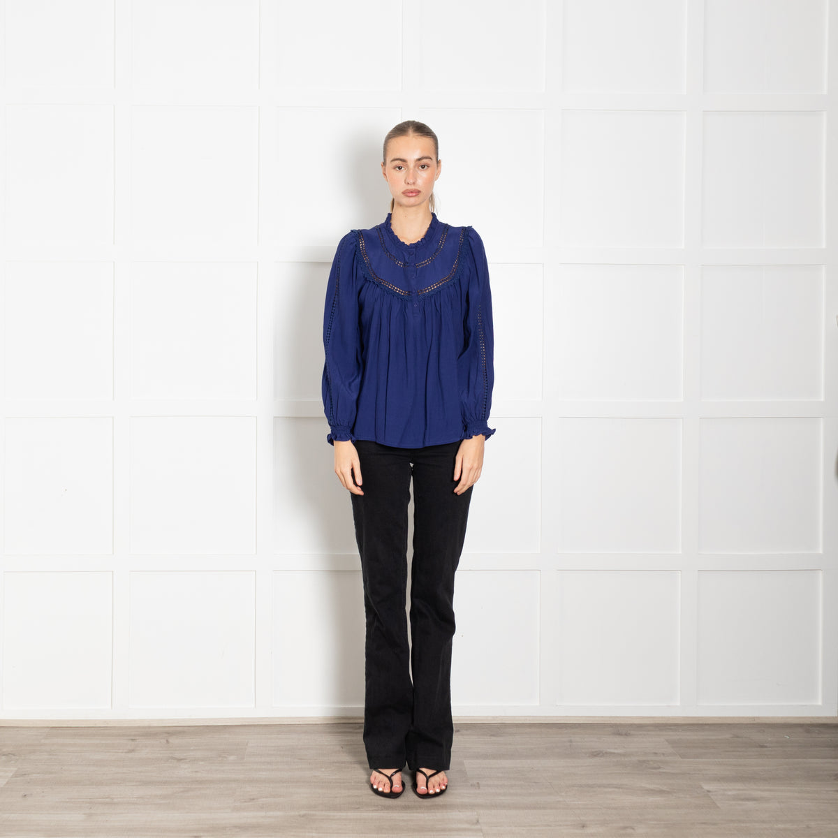 Aspiga Royal Blue Frill Detail 3/4 Button Top