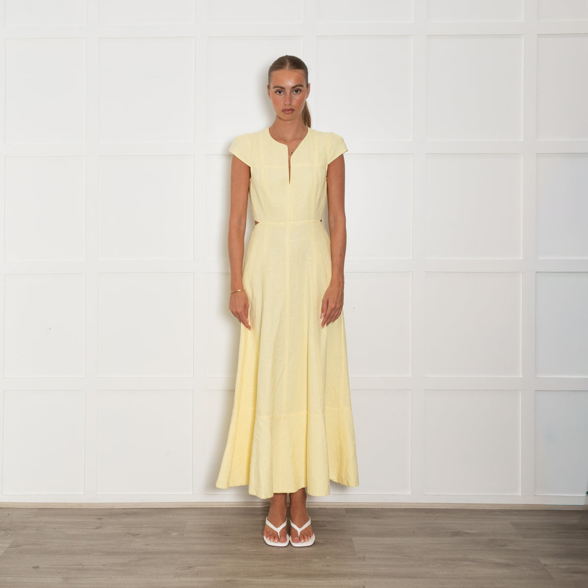 Me + Em Yellow Textured Midi Dress with Cutout Back