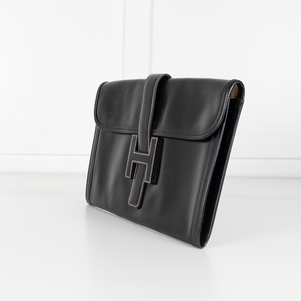 Hermes Black Swift Leather Vintage Jige Elan Clutch Bag