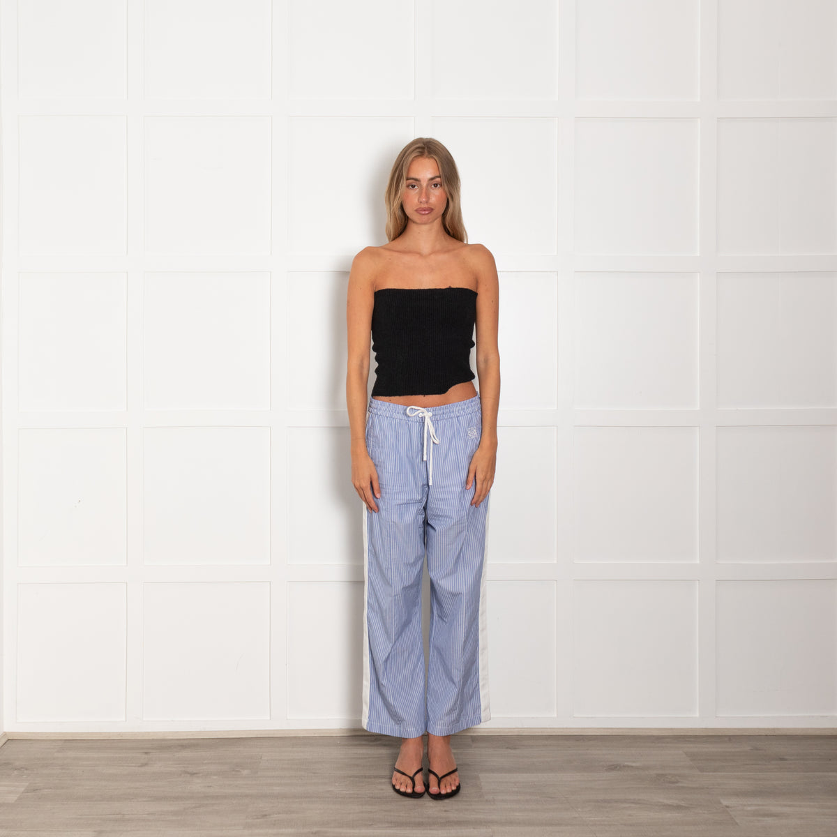 Loewe White Blue Cotton Striped Trousers