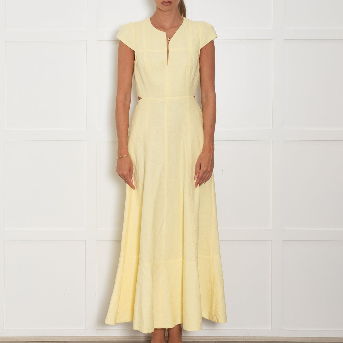 Me + Em Yellow Textured Midi Dress with Cutout Back