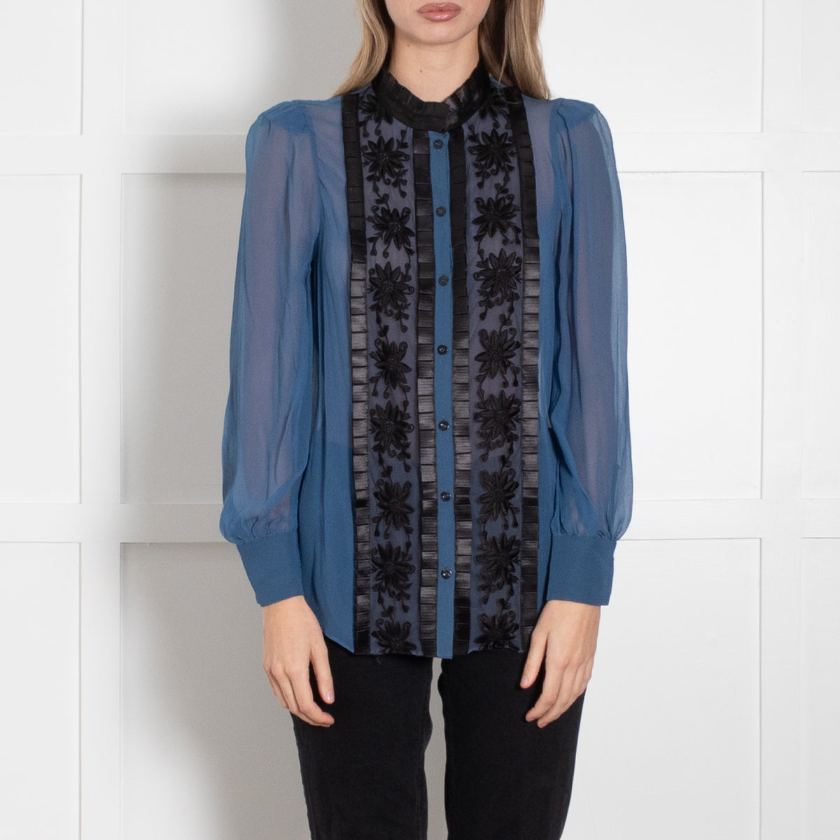 Alice By Temperley Blue Sheer Shirt With Black Embroidered Front