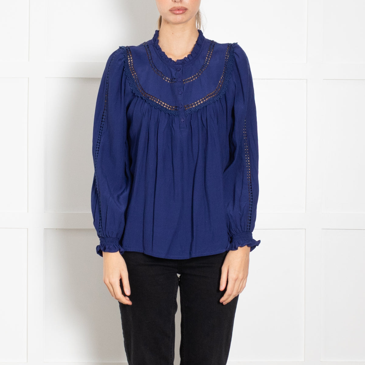 Aspiga Royal Blue Frill Detail 3/4 Button Top