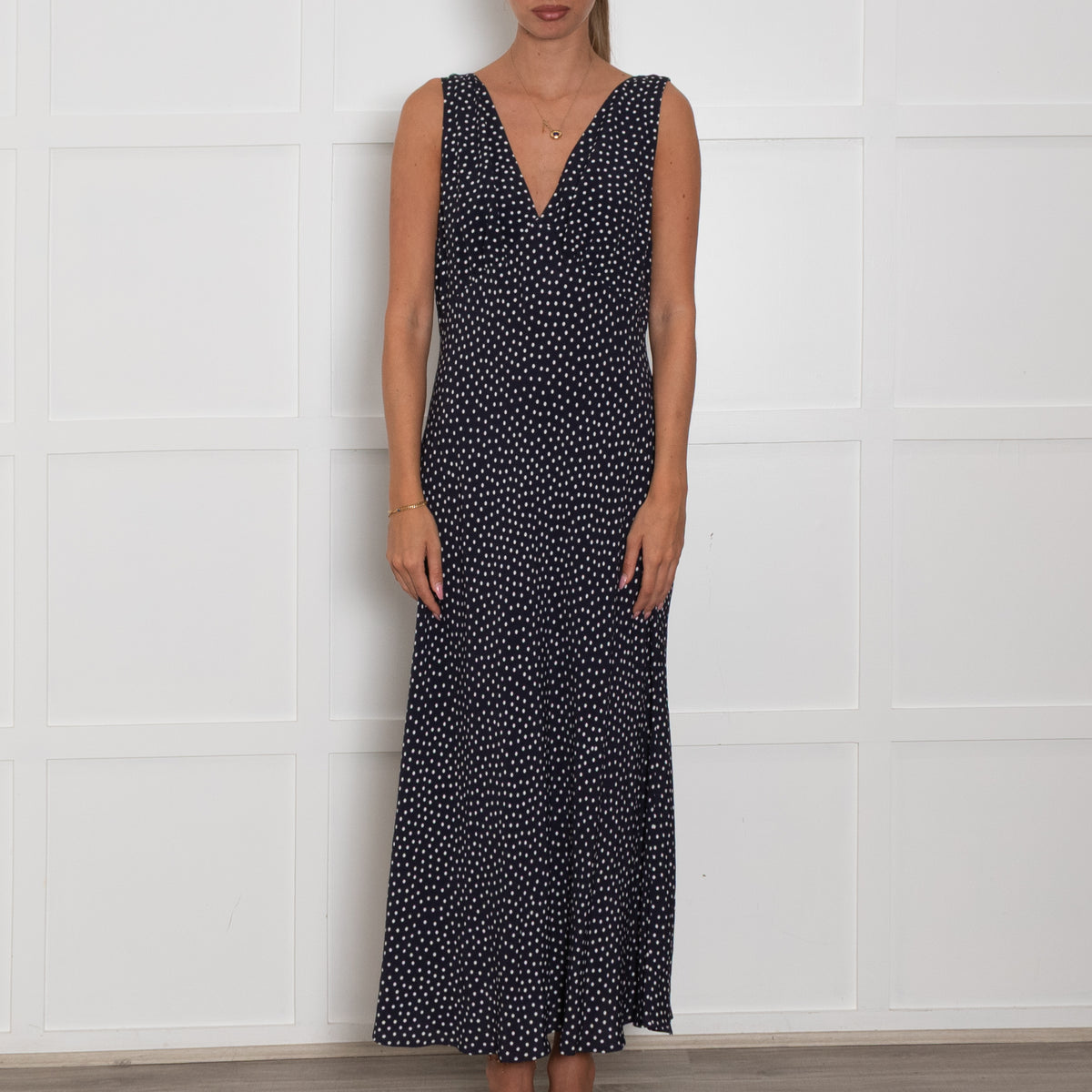Rixo Navy White Polka Dot Sleeveless Maxi Dress