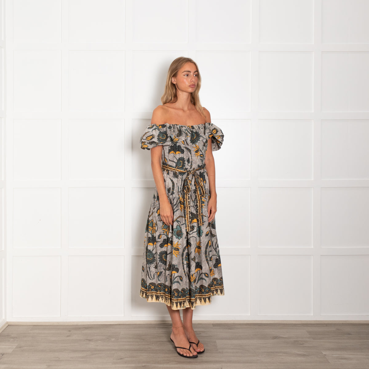 Ulla Johnson White Green Yellow Floral Off The Shoulder Ruffle Dress