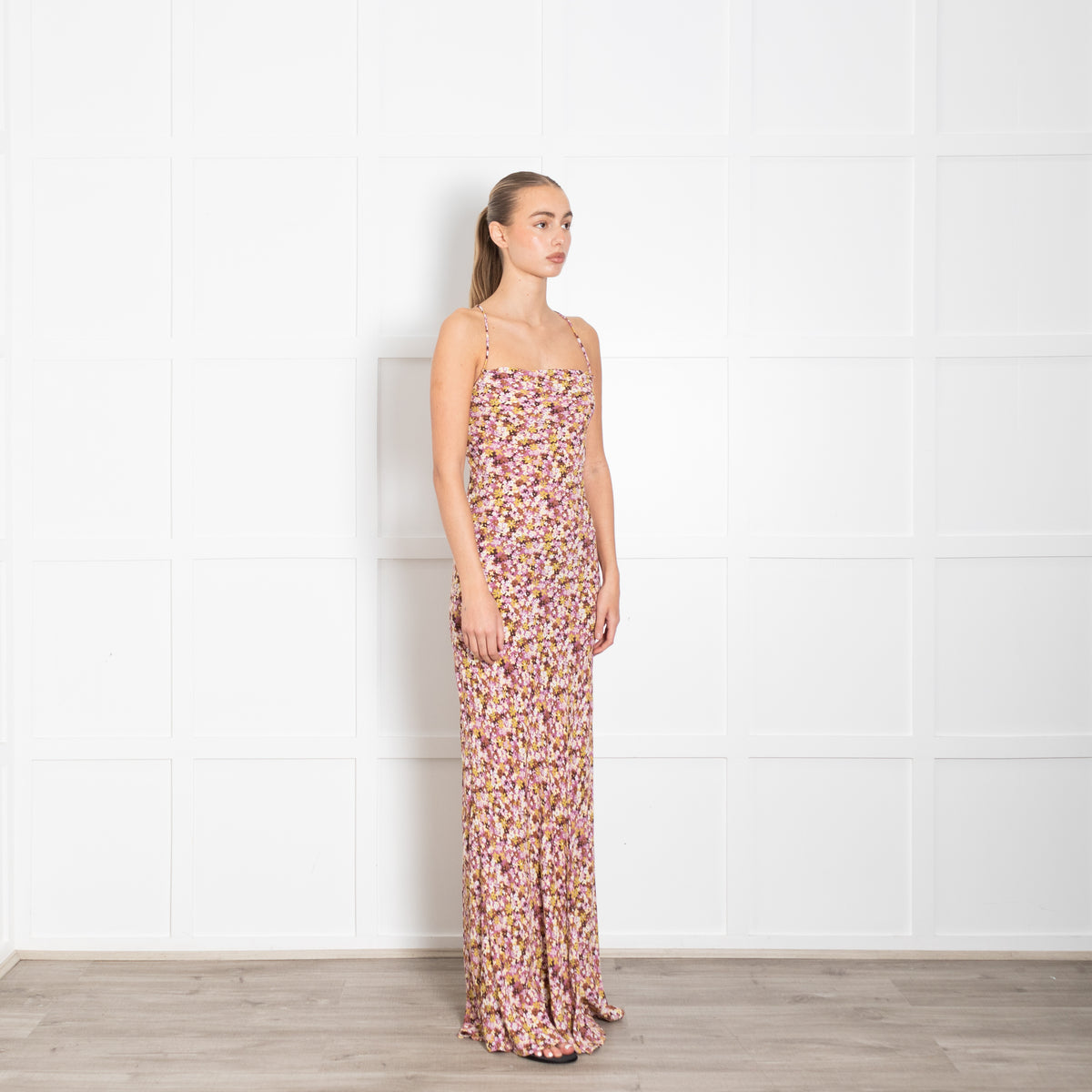 Faithfull The Brand Pink Brown Yellow Floral Maxi Dress With Lace Up Back