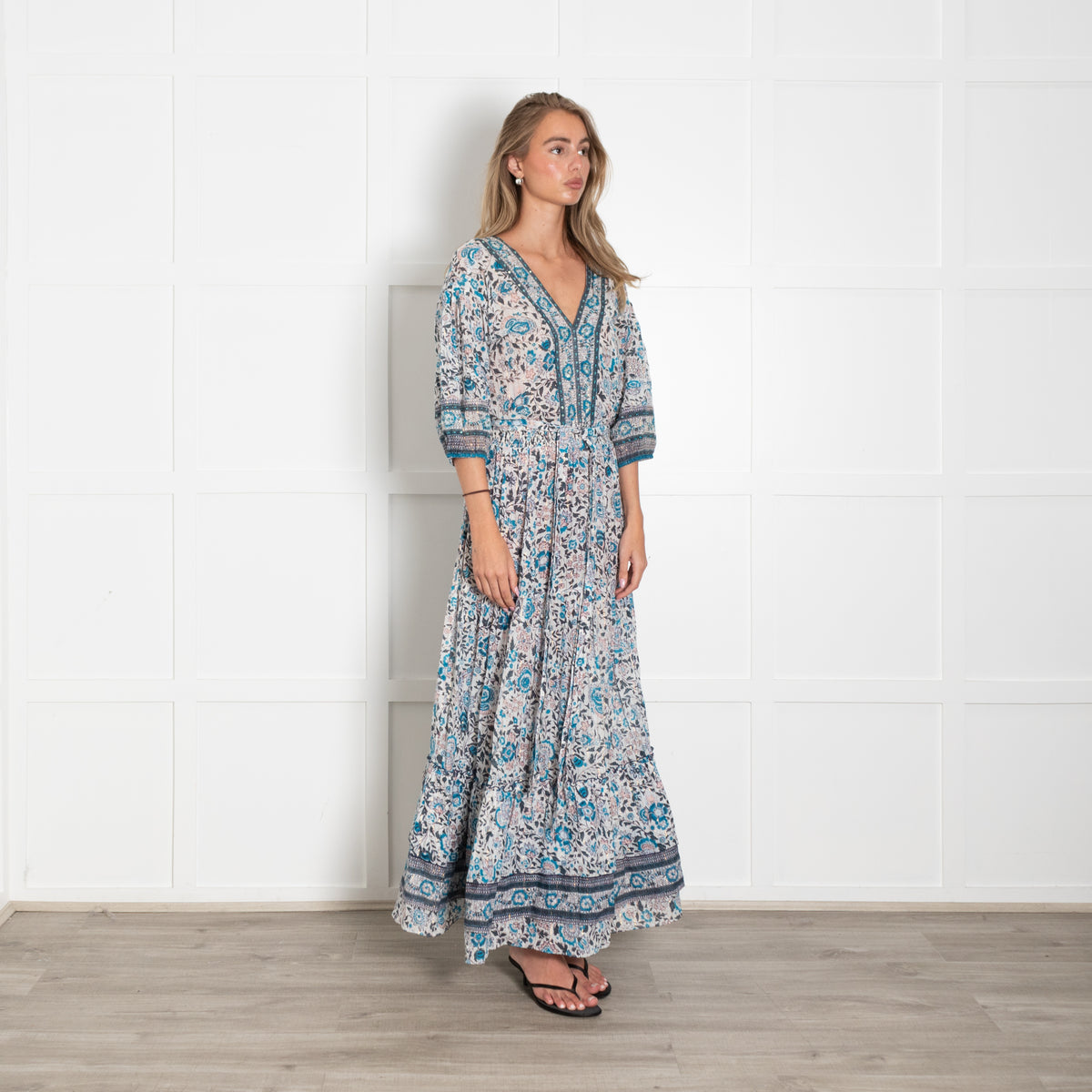 Poupette St Barth White Blue Floral Gold Lurex Stripe Maxi Dress