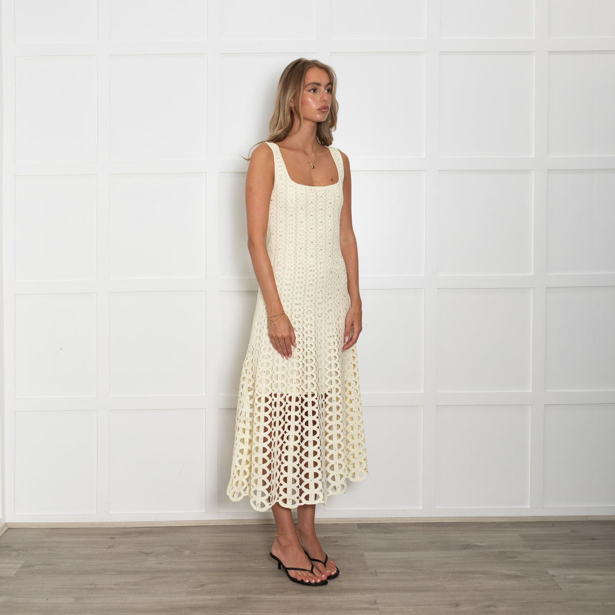 Maje Butter Yellow Crochet Crystal Midi Dress