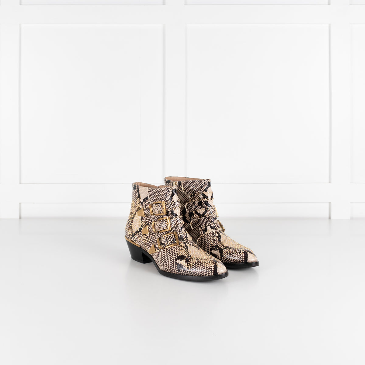 Chloe Beige Black Animal Print Leather Gold Stud Suzanna Ankle Boots