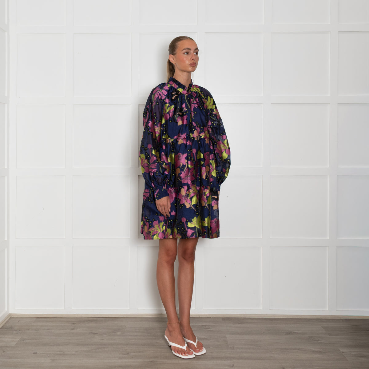 Stine Goya Blue and Pink Tiered Mini Dress