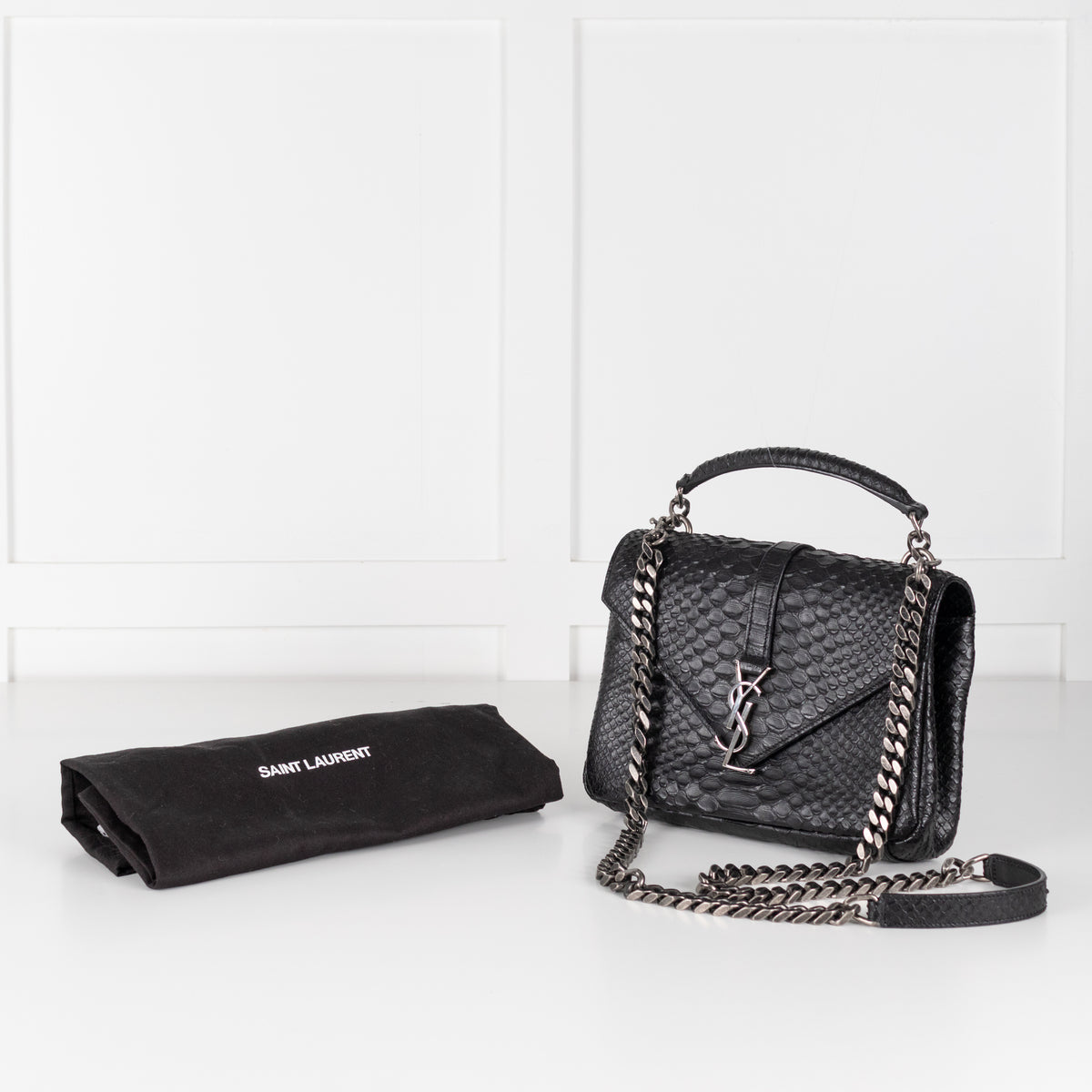 Saint Laurent Black Snake Embossed Monogram College Satchel Bag