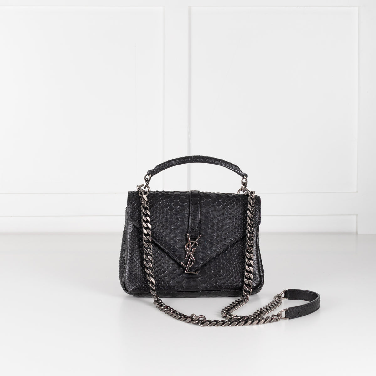 Saint Laurent Black Snake Embossed Monogram College Satchel Bag