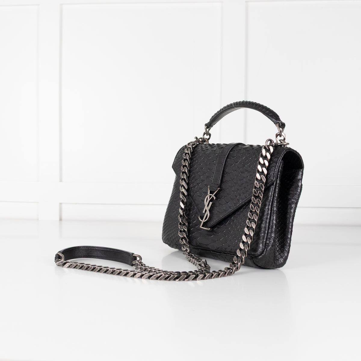 Saint Laurent Black Snake Embossed Monogram College Satchel Bag