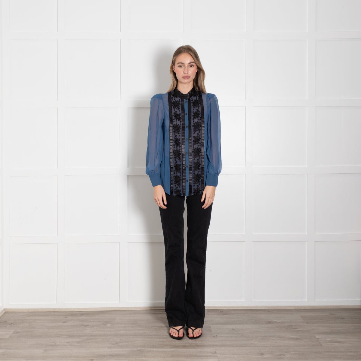 Alice By Temperley Blue Sheer Shirt With Black Embroidered Front