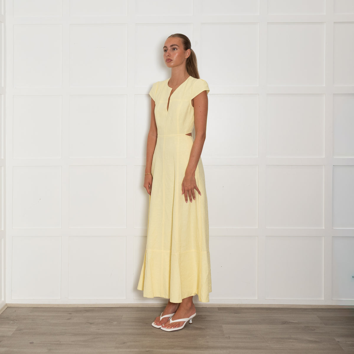Me + Em Yellow Textured Midi Dress with Cutout Back