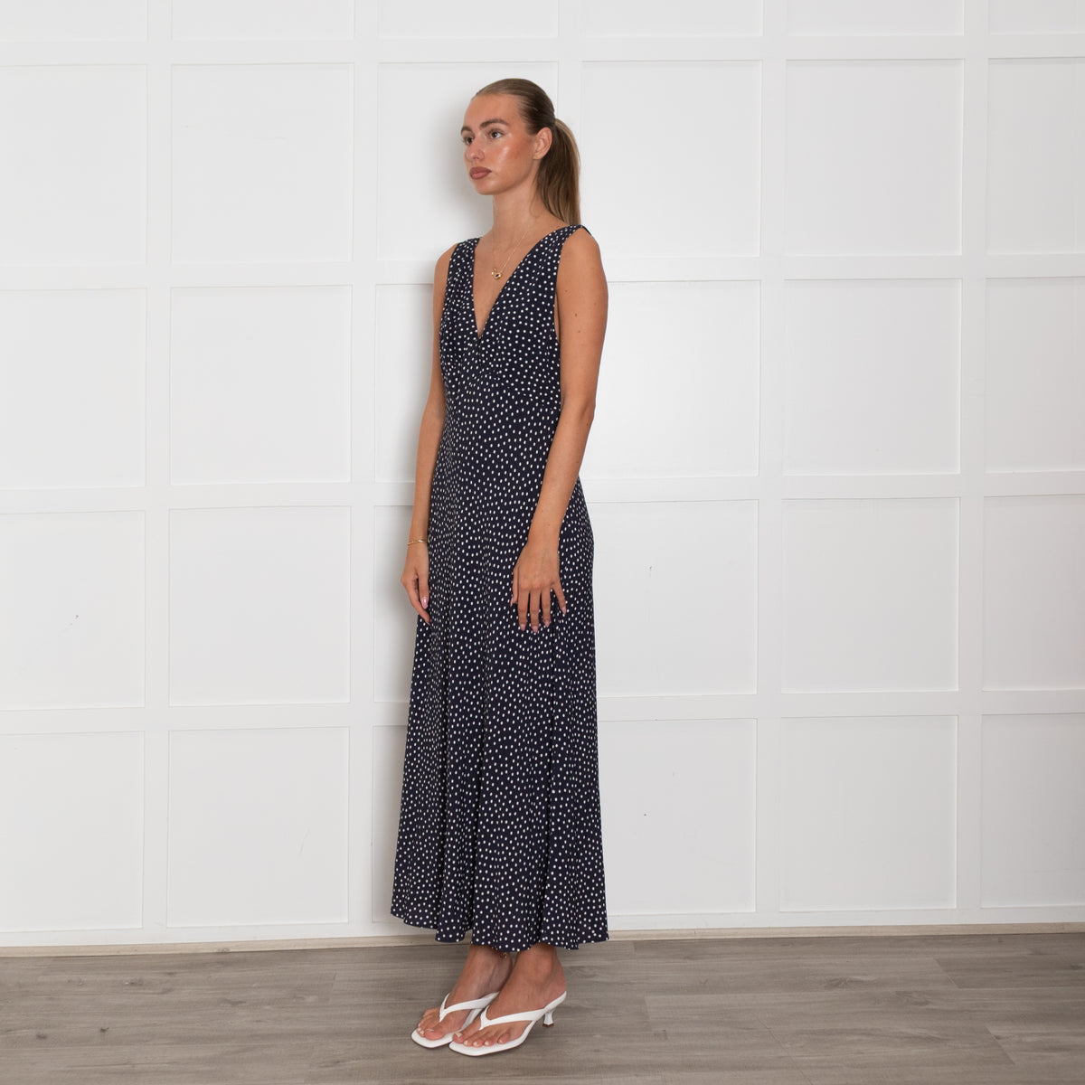 Rixo Navy White Polka Dot Sleeveless Maxi Dress