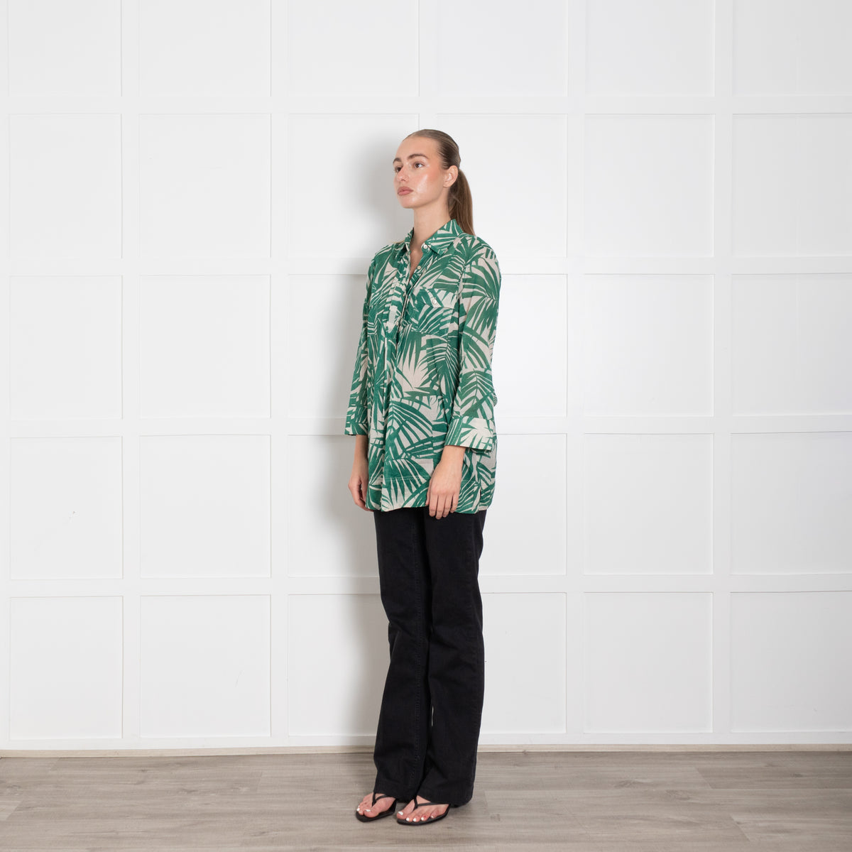 Weekend Max Mara Beige Green Palm Leaf Print Blouse