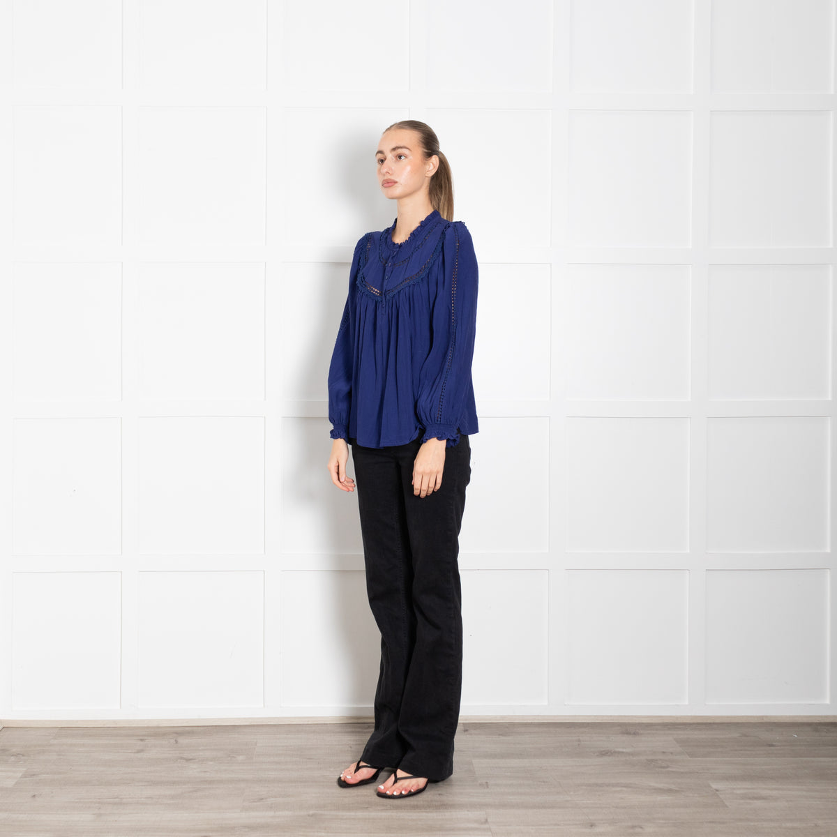 Aspiga Royal Blue Frill Detail 3/4 Button Top