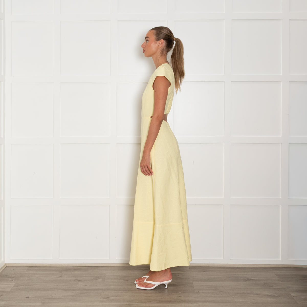 Me + Em Yellow Textured Midi Dress with Cutout Back