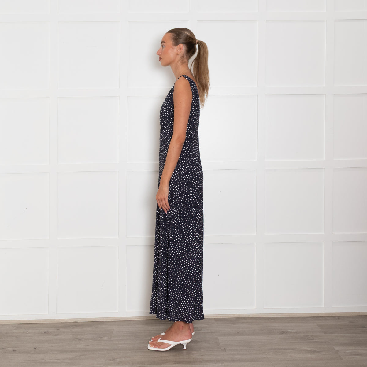 Rixo Navy White Polka Dot Sleeveless Maxi Dress