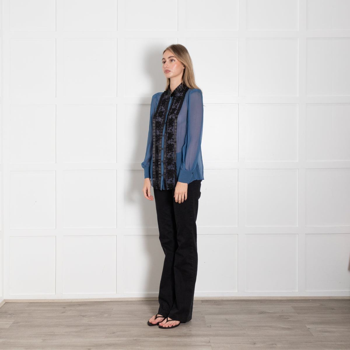 Alice By Temperley Blue Sheer Shirt With Black Embroidered Front