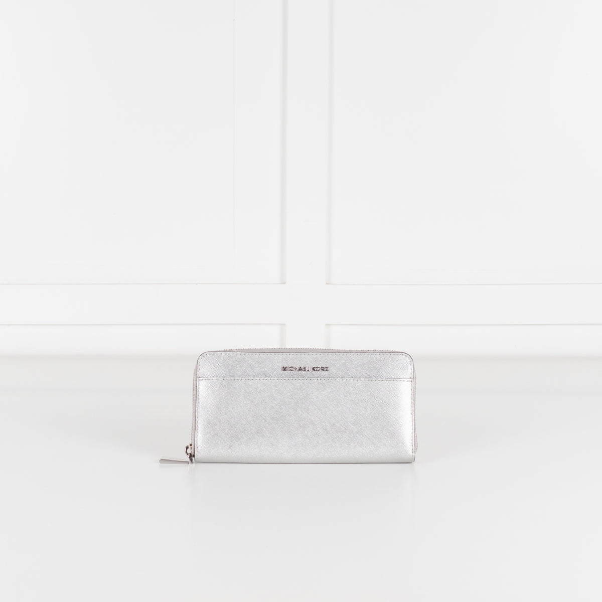 Michael Kors Saffiano Silver Metal Zip Around Leather Wallet
