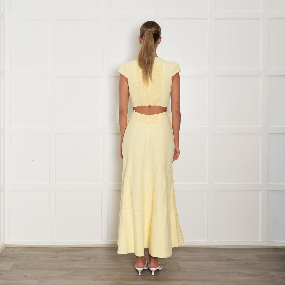 Me + Em Yellow Textured Midi Dress with Cutout Back