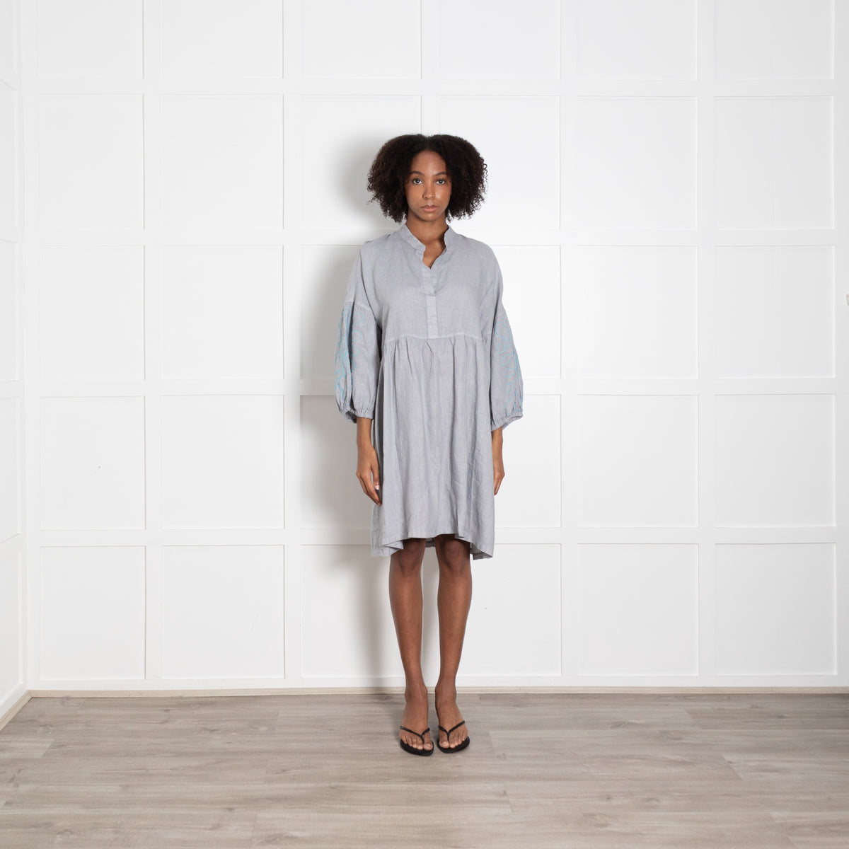 Moraitis Grey Linen Dress With Turqauoise Embroidered Sleeves