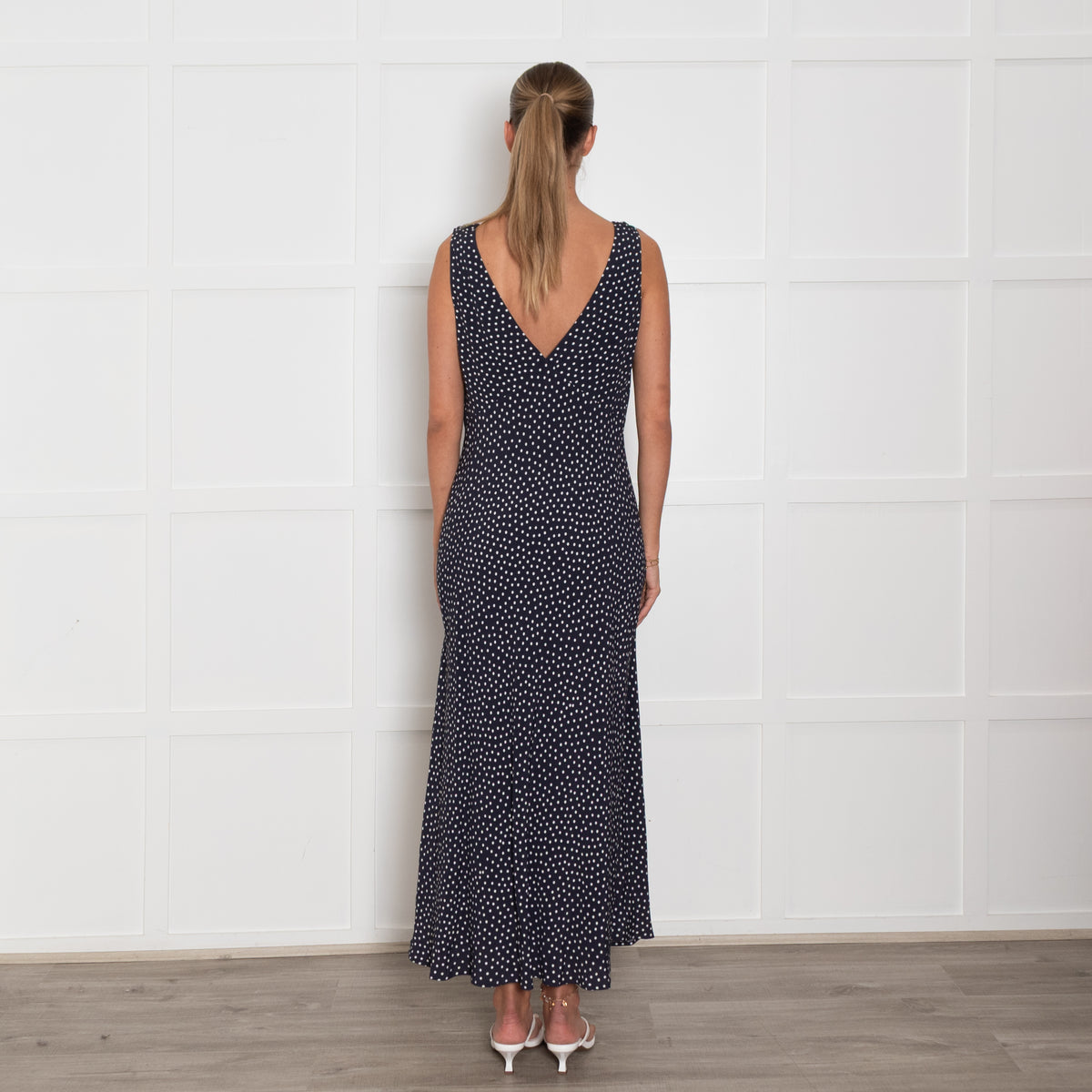 Rixo Navy White Polka Dot Sleeveless Maxi Dress