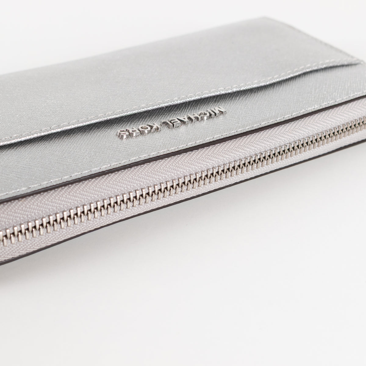 Michael Kors Saffiano Silver Metal Zip Around Leather Wallet