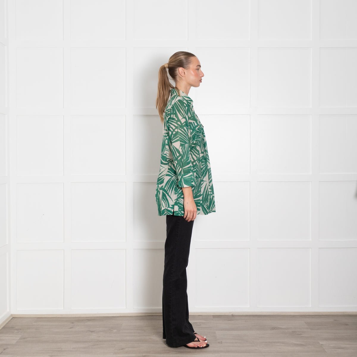 Weekend Max Mara Beige Green Palm Leaf Print Blouse