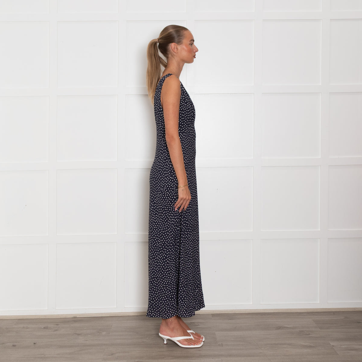 Rixo Navy White Polka Dot Sleeveless Maxi Dress