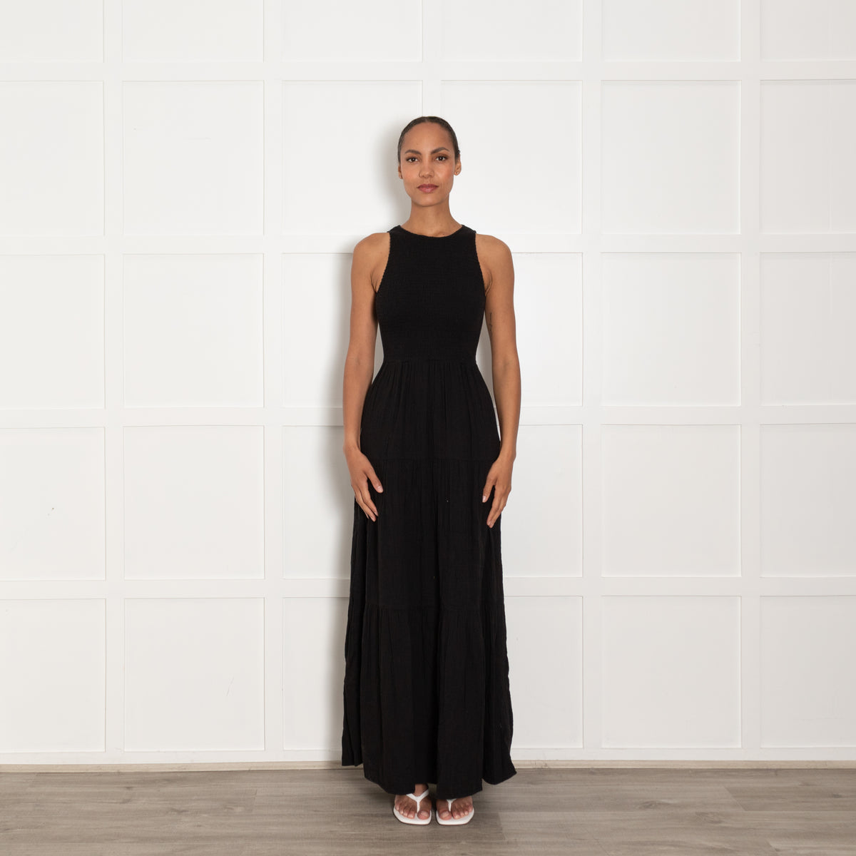 Me + Em Black Smocking Detail Sleeveless Cotton Maxi Dress UK 8