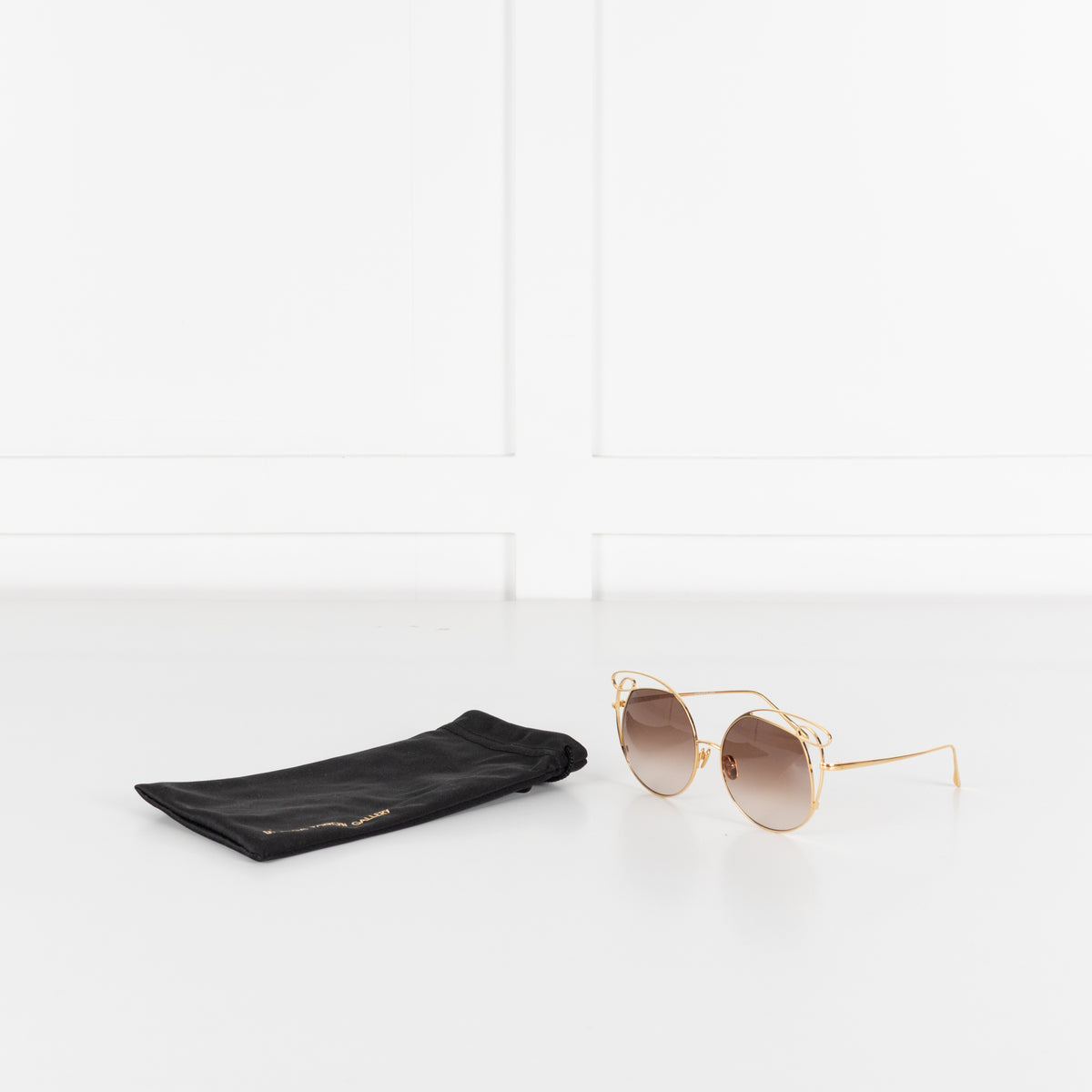Linda Farrow Gold Titanium Cateye Sunglasses with Brown Lenses