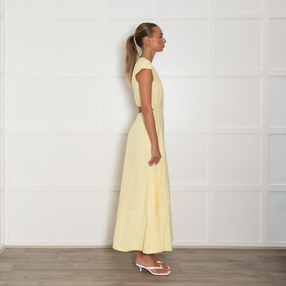 Me + Em Yellow Textured Midi Dress with Cutout Back