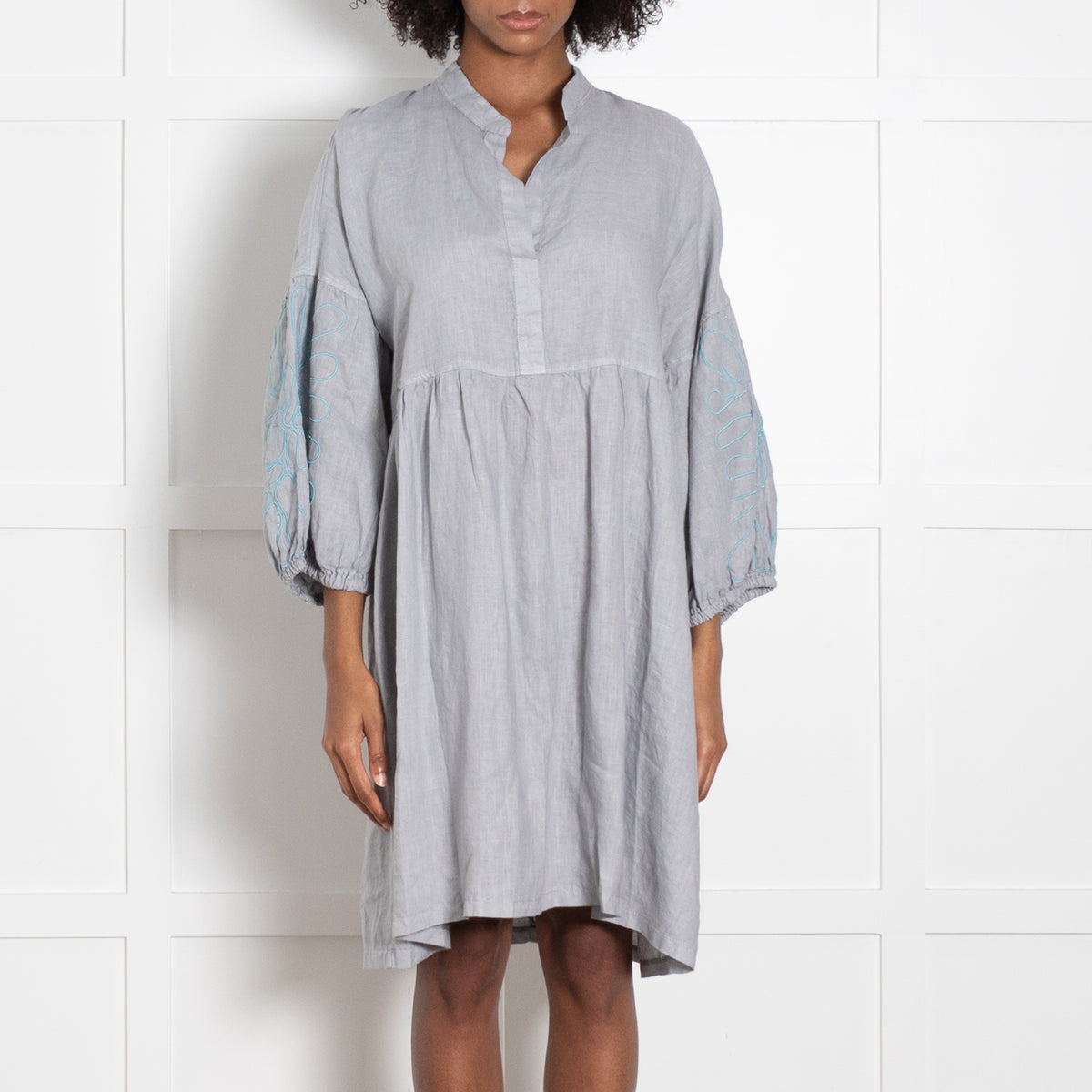 Moraitis Grey Linen Dress With Turqauoise Embroidered Sleeves